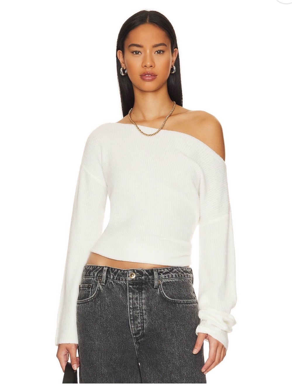 Lovers + Friends Off-Shoulder White Ribbed Cropped Sweater